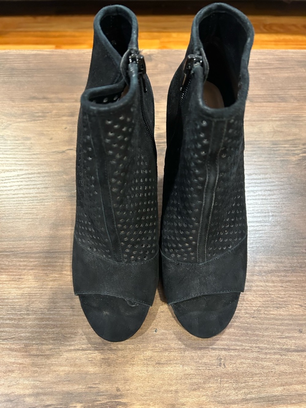 Audrey Brooke Black Perforated Suede Peep-Toe Ankle Booties